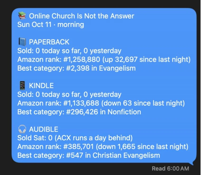 Claude's 6am text with book sales and Amazon ranks for Online Church Is Not the Answer, by format.