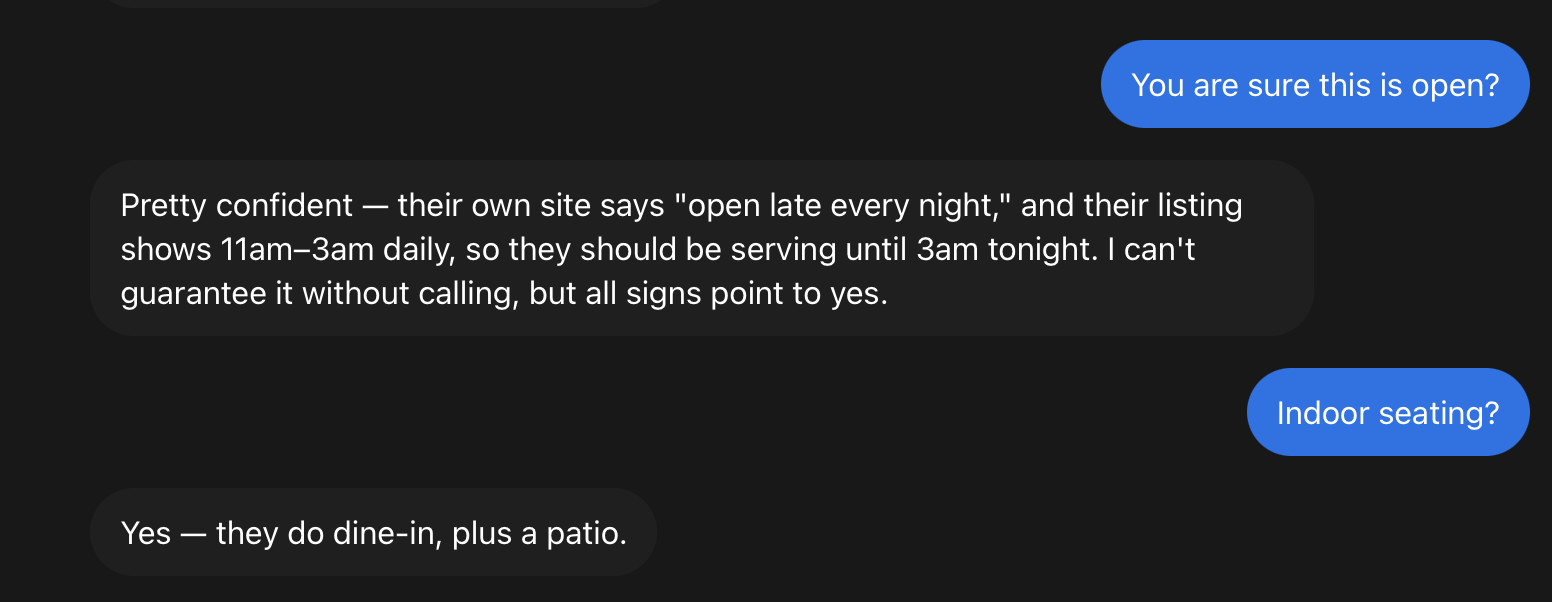 Muse confidently saying a Nashville restaurant was open late, before it turned out to be closed