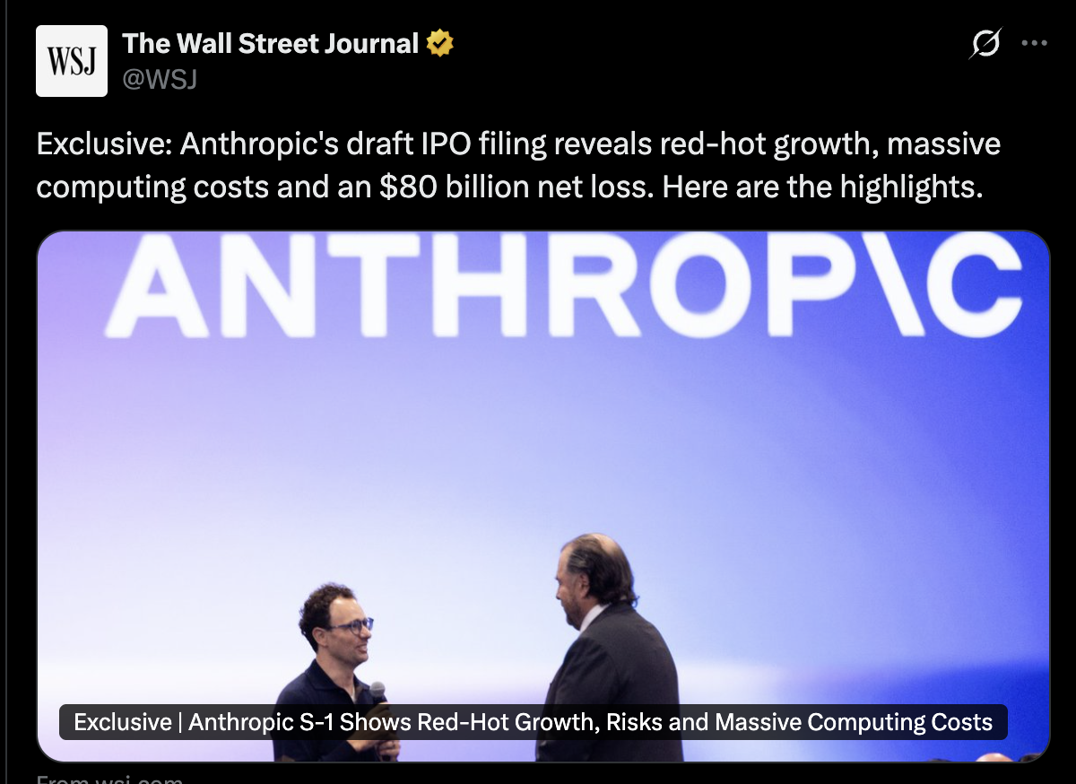 Wall Street Journal post on X about Anthropic’s draft IPO filing showing red-hot growth and massive computing costs