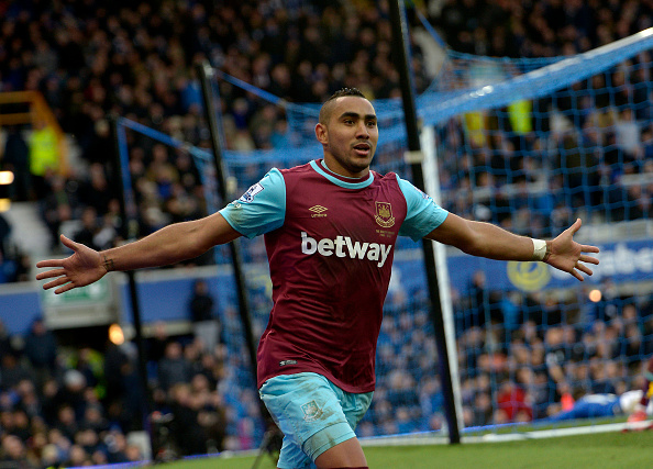 LIVERPOOL, ENGLAND - MARCH 05: Dimitri Payet of West Ham United celebrates scoring the winning goal during the Barclays Premier League match between Everton and West Ham United at Goodison Park on March 5, 2016 in Liverpool, England. (Photo by Arfa Griffiths/West Ham United via Getty Images)