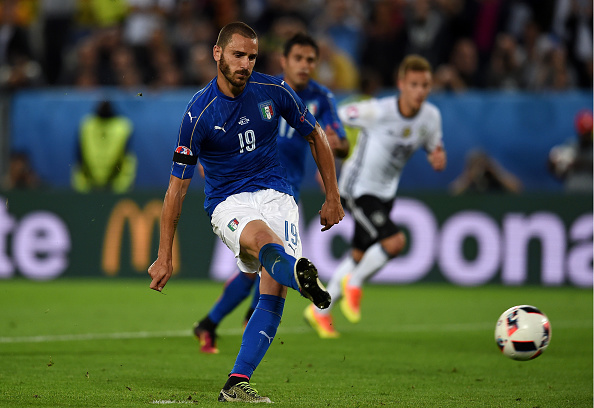 Bonucci calmly converts a spot-kick during Italy's quarter-final game vs. Germany. (Photo by Claudio Villa/Getty Images)