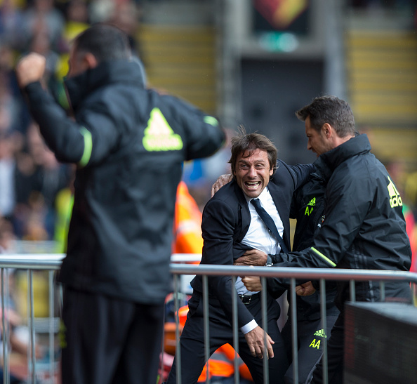 Antonio Conte can barely control himself as Diego Costa netted the 2nd successive winner in as many matches. (Photo by Craig Mercer - CameraSport/CameraSport via Getty Images)