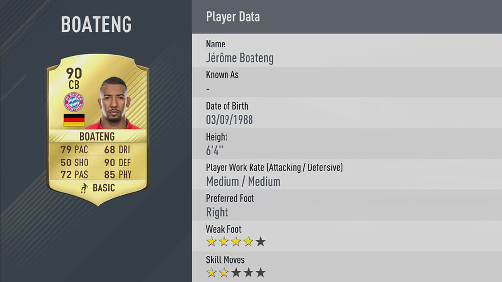 Jerome Boateng's rated a steep 90 in FIFA 17. (Photo courtesy of  EA )