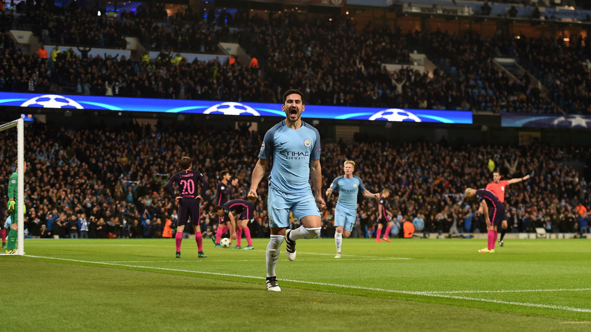Ilkay Gundogan after scoring in City's 3-1 victory over Barcelona in the Champions League. (Photo via Getty Images)