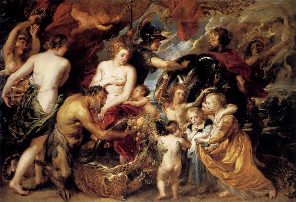 "Peace & War" by Peter Paul Rubens. Minerva, Goddess of Wisdom, holds back Mars, God of War, along with Furry allowing Peace to bring abundance.
