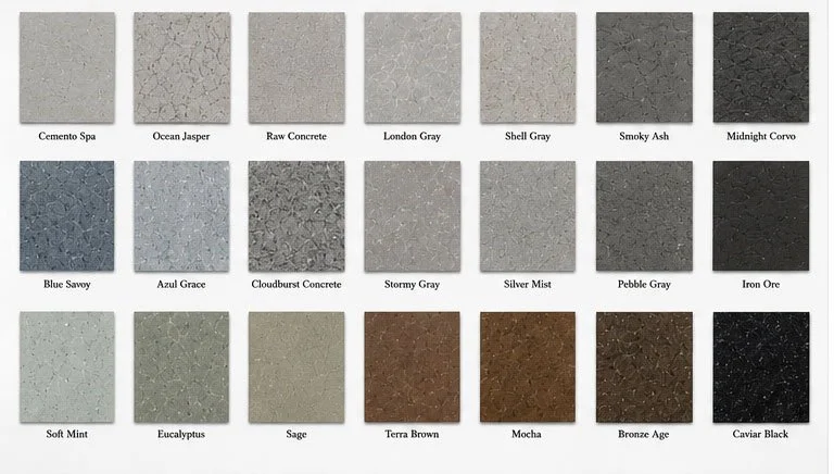 A color chart displaying 18 different concrete and stone sample colors with names, arranged in 3 rows. The colors range from light to dark and include shades like Cemento Spa, Ocean Jasper, Raw Concrete, London Gray, Shell Gray, Smoky Ash, Midnight C