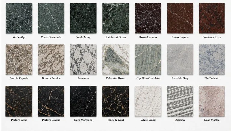 This color collection highlights popular natural stone colors and styles commonly specified for guest bathrooms, kitchenettes, lobby features, reception desks, bars, buffet areas, vanity tops, and other commercial applications from The Product Source