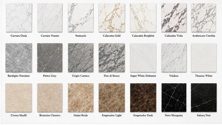 This color collection highlights popular natural stone colors and styles commonly specified for guest bathrooms, kitchenettes, lobby features, reception desks, bars, buffet areas, vanity tops, and other commercial applications from The Product Source