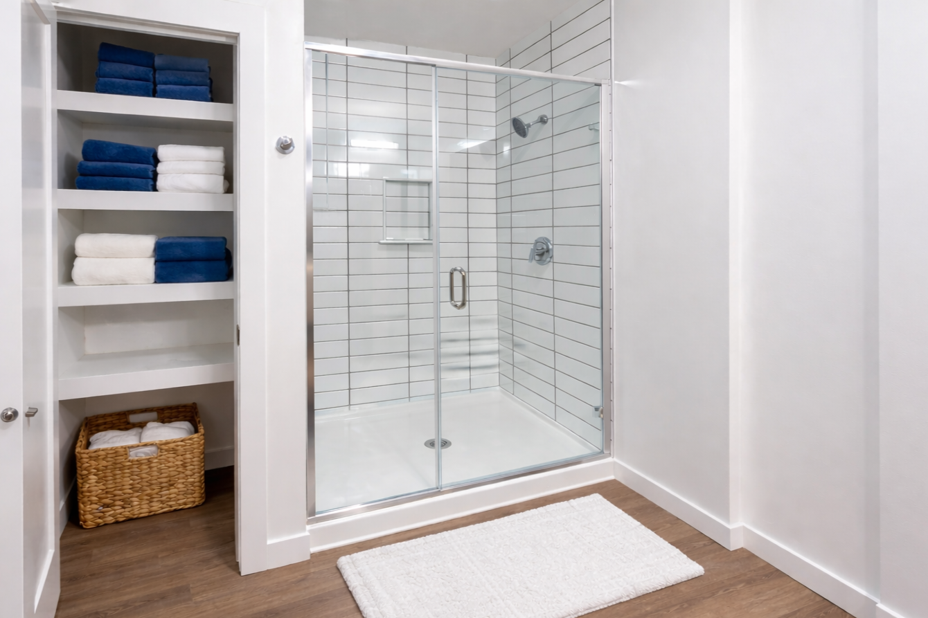 A modern multi-family bathroom with glass shower doors, shower surround, and shower base from The Product Source, Inc.
