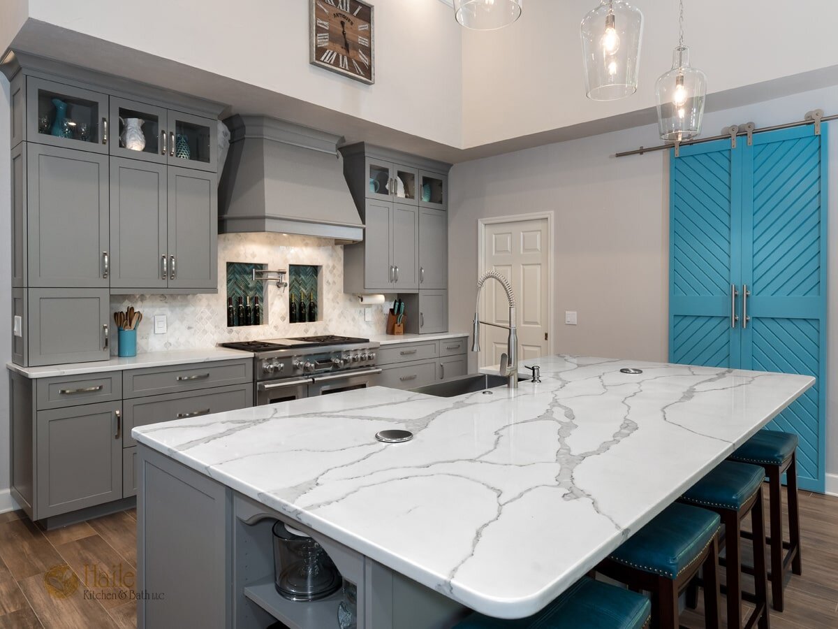 gray kitchen design with turquoise accents