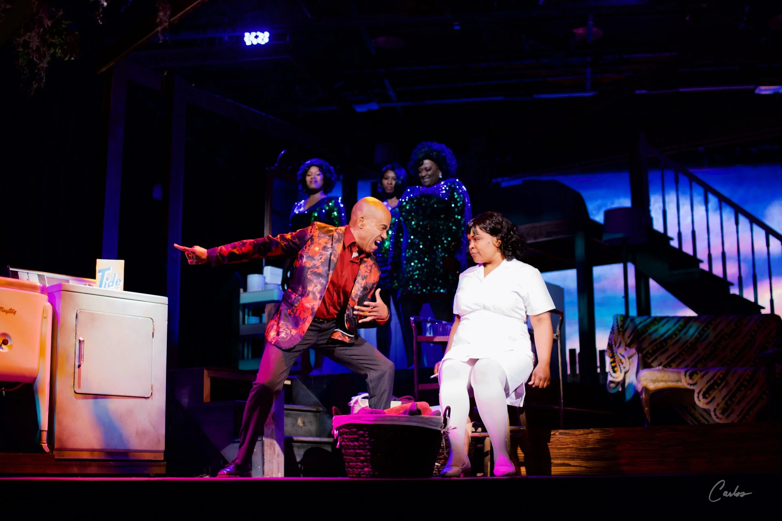 Leonard Barrett Jr. as The Washing Machine, Mary Louise Lee as Caroline, Krisangela Washington, Betty Hart, and Lisa Young as The Radio in Aurora Fox Art Center’s “ Caroline or Change” Photo Credit: Carlos Flores