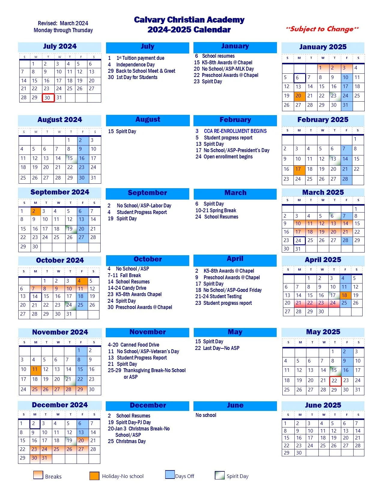 School Calendar — Calvary Christian Academy