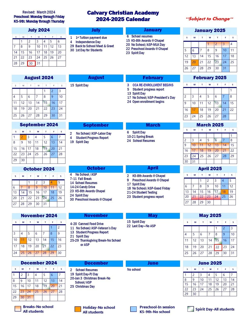 Coderva Calendar School Calendar — Calvary Christian Academy