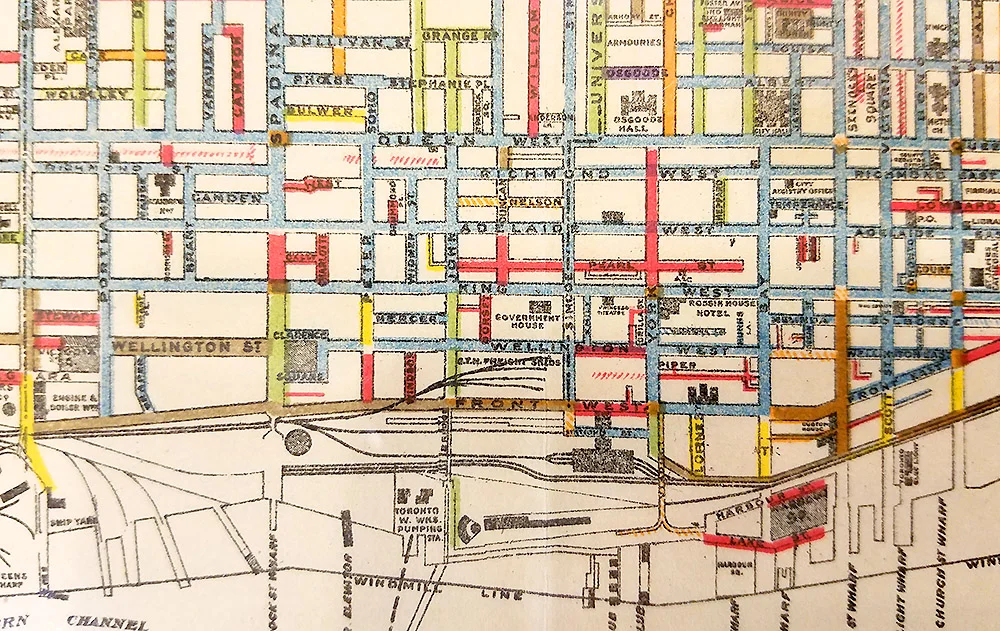 "Plan of the City of Toronto," 1909, using color and hatching to show different types of pavement. ( Toronto Reference Library)