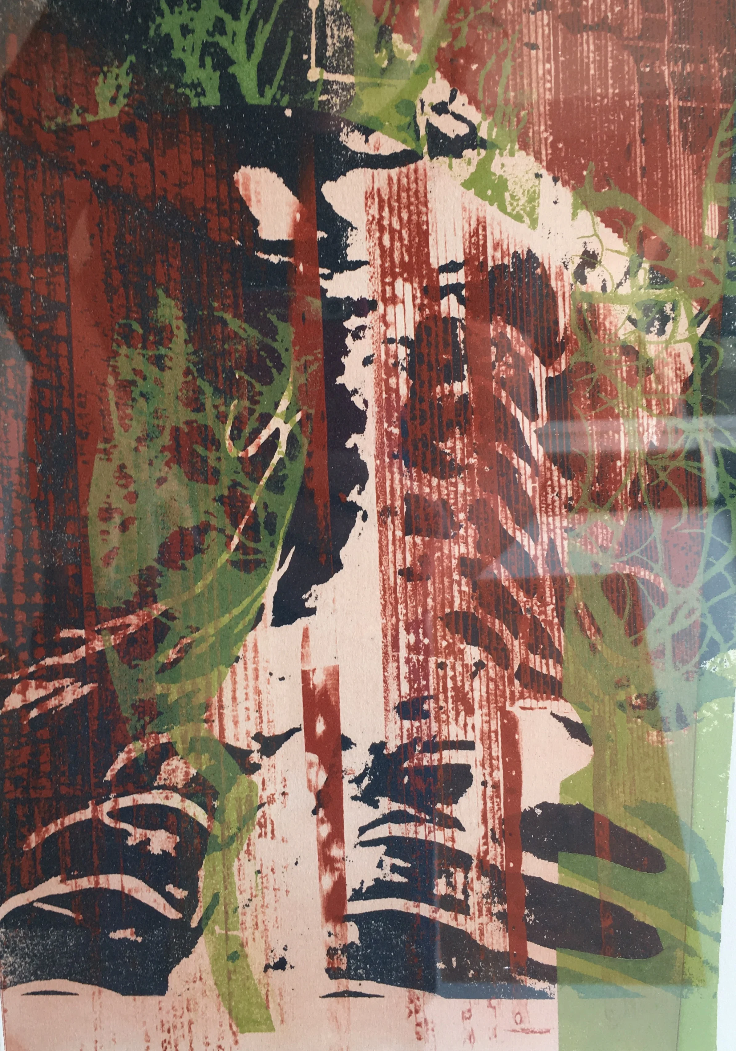 Noel Harvey "Pains Grey Brain Stem, Rust Slats and Green Branches" 2010. Solar Plate Monotype. 11 x 15"