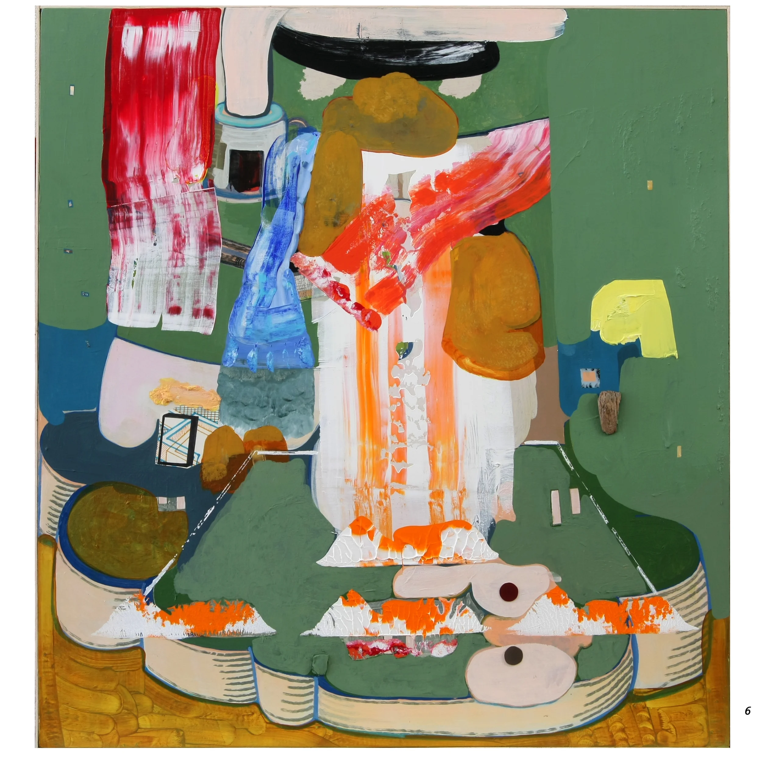Agustin Pozo "GH" 2014. Acrylic and Guache, Digital Print Collage on Wooden Panel. 47 x 44"