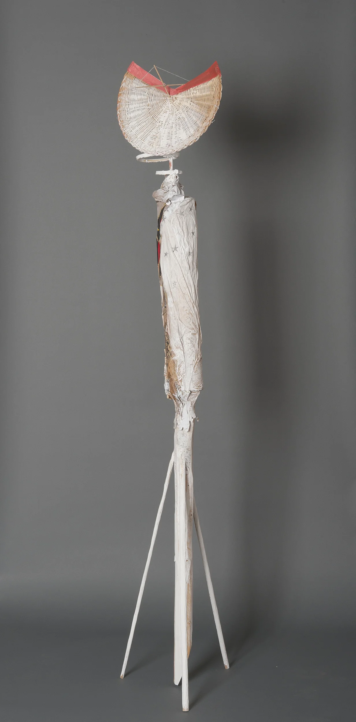 Ellen Babcock "Shy" 2012. Wood, Paint, Basket, Clothing, Paper. 16 x 16 x 76"
