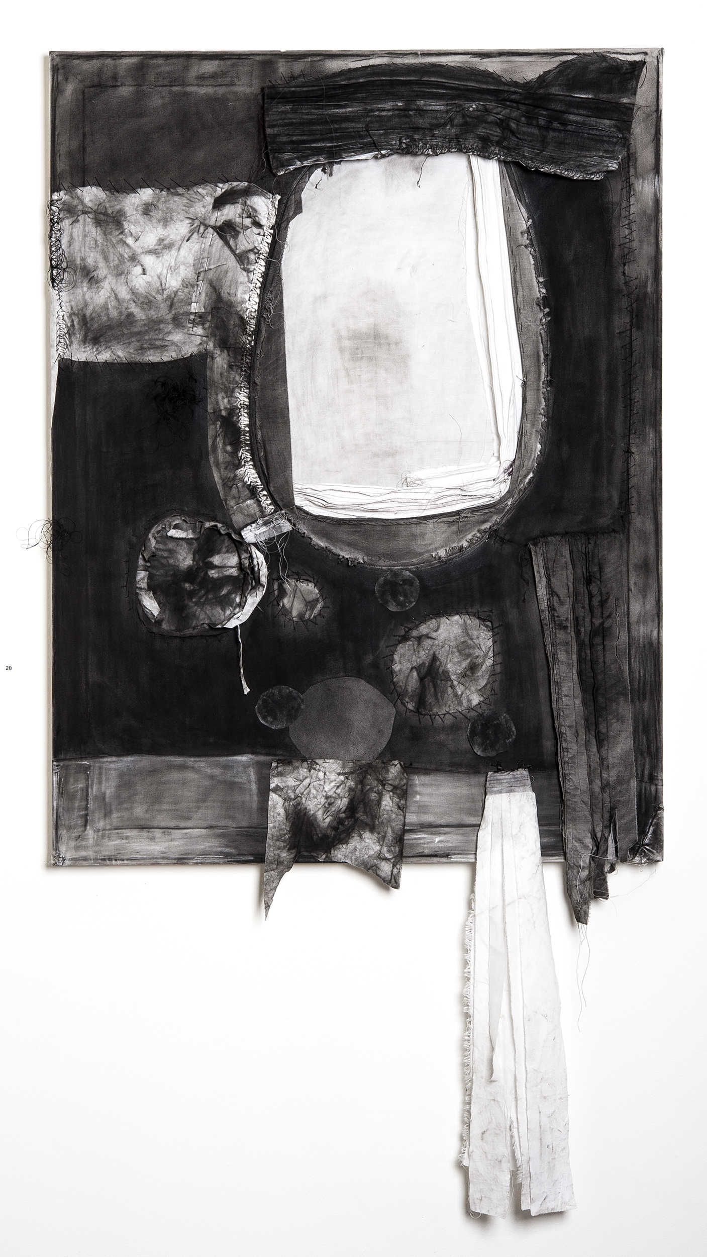Rebekah Potter "Silence is the Container of Sound" 2013. Charcoal, Textiles, Acrylic, Thread. 48 x 36"