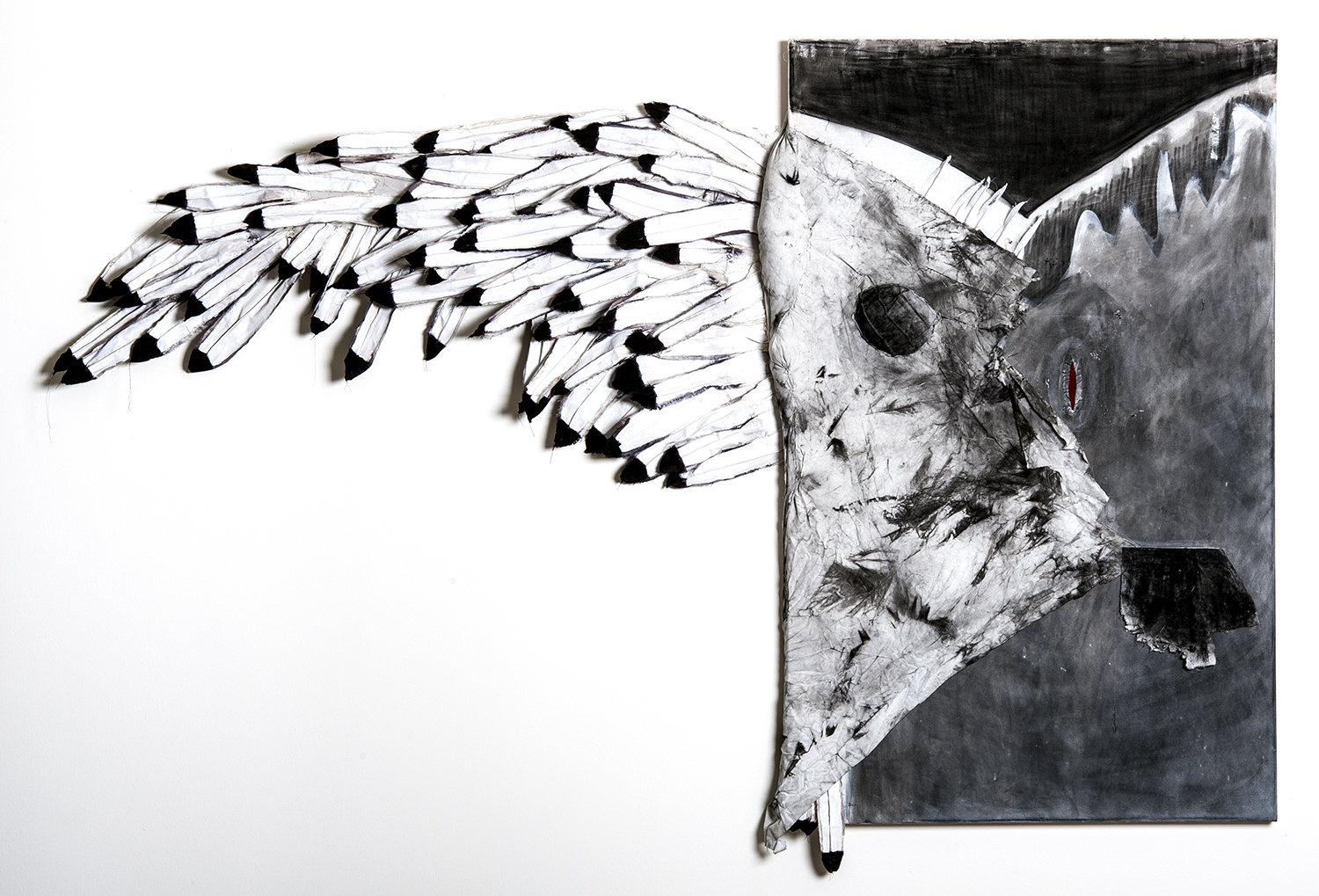 Rebekah Potter "Icarus Revisited" 2013. Charcoal, Textiles, Acrylic, Poly Fill, Thread. 58 x 90"