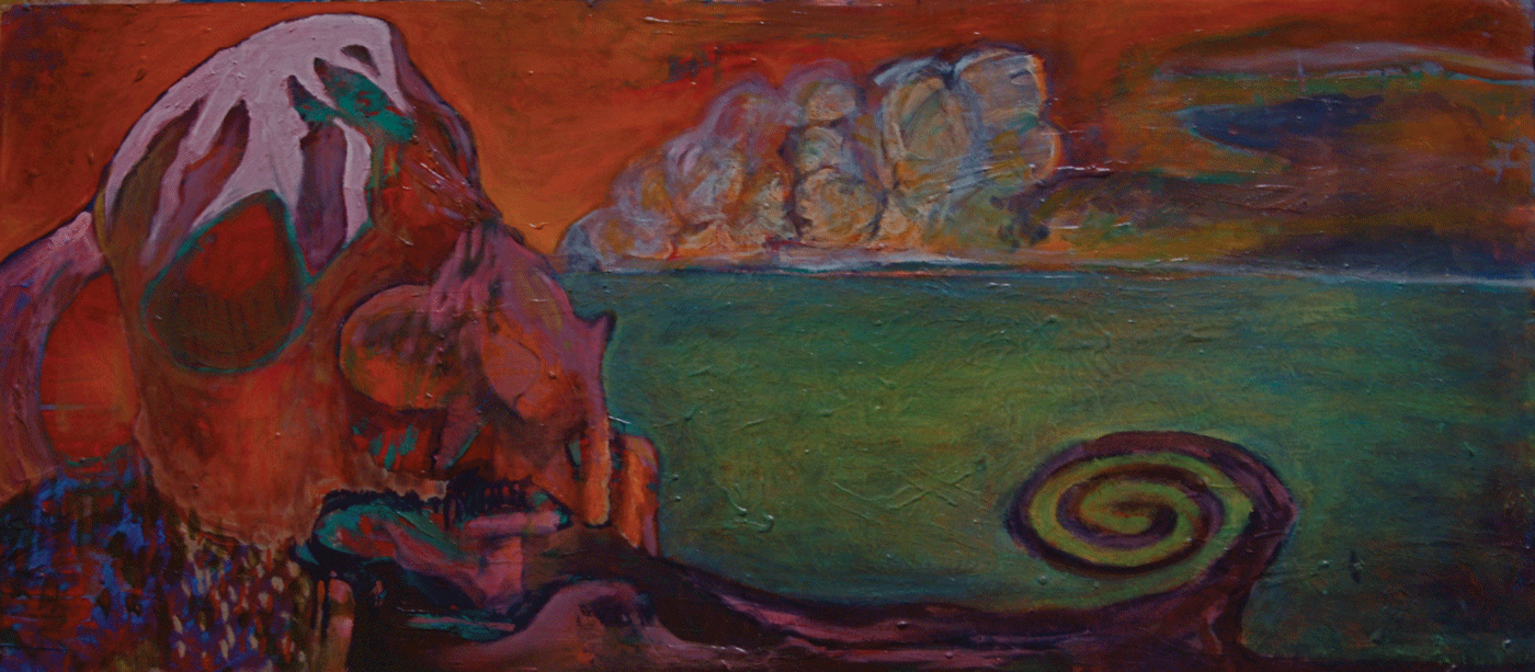 Mount Timpanogos & Spiral Jetty / 2010 / 24”h x 40”w / acrylic, ink, aerosol & oil paint on panel