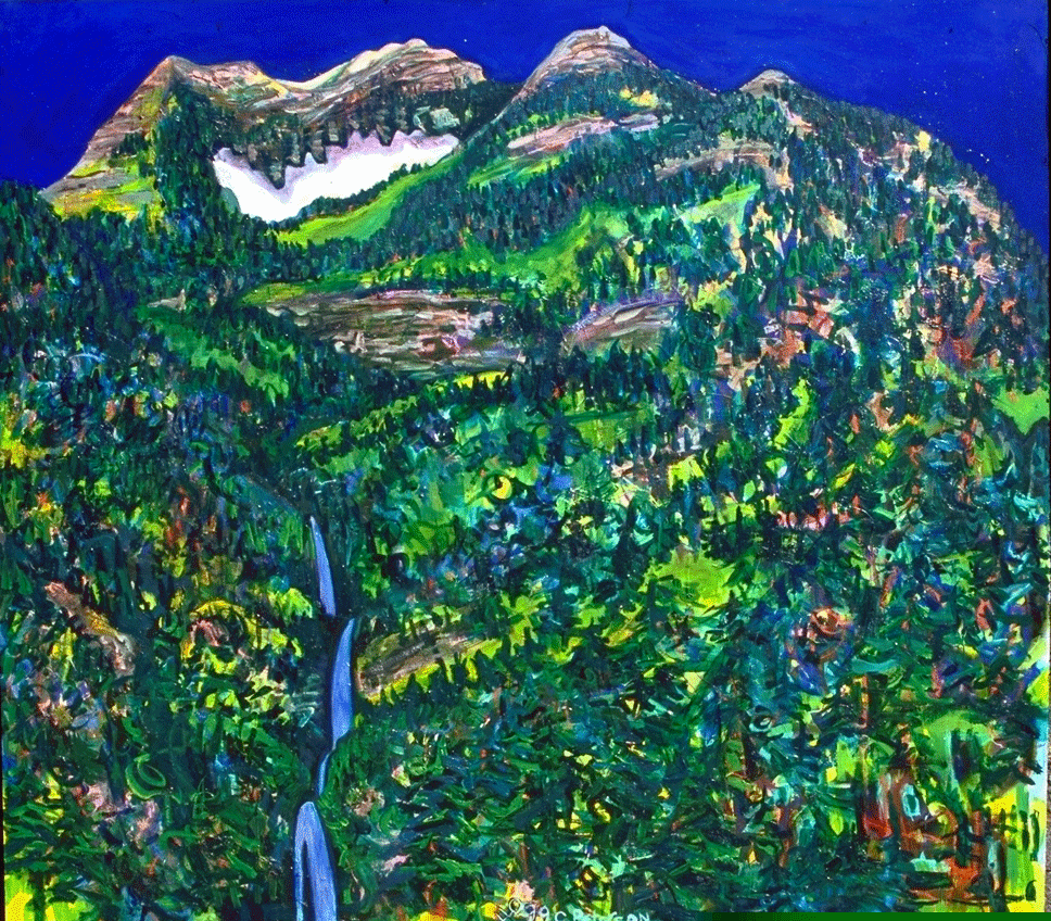 Stewart Falls No. 1 / 1999 / 48”h x 54”w / acrylic, ink, aerosol & oil paint on panel