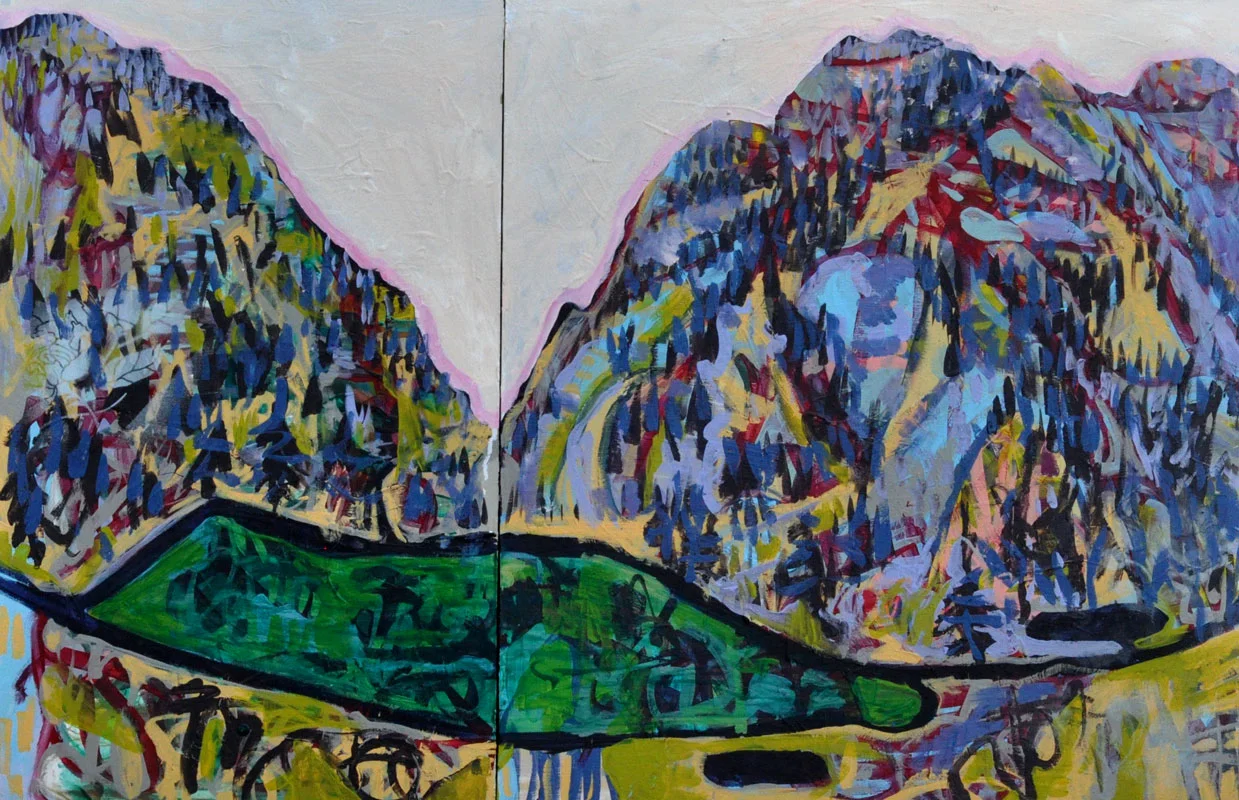 Tibble Fork / 2017 / Dyptich, 18”h x 30”w / acrylic, ink, aerosol & oil paint on canvas