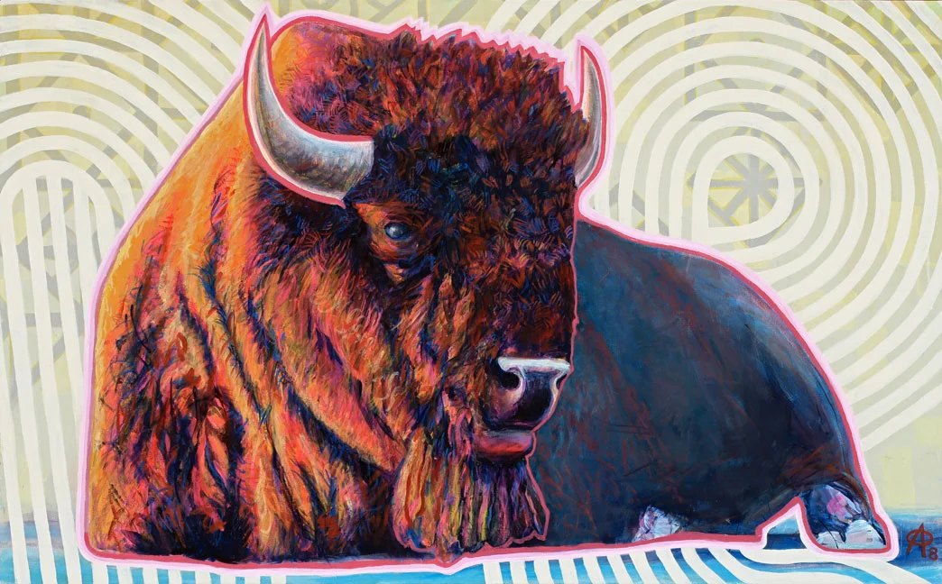 Zen Bison / 2018 / 36”h x 48”w / acrylic, ink, aerosol, alkyd & oil paint on canvas