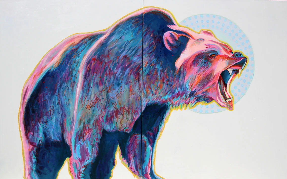 Saint Brown Bear / 2018 / Diptych, 60”h x 96”w / acrylic, ink & oil paint on canvas