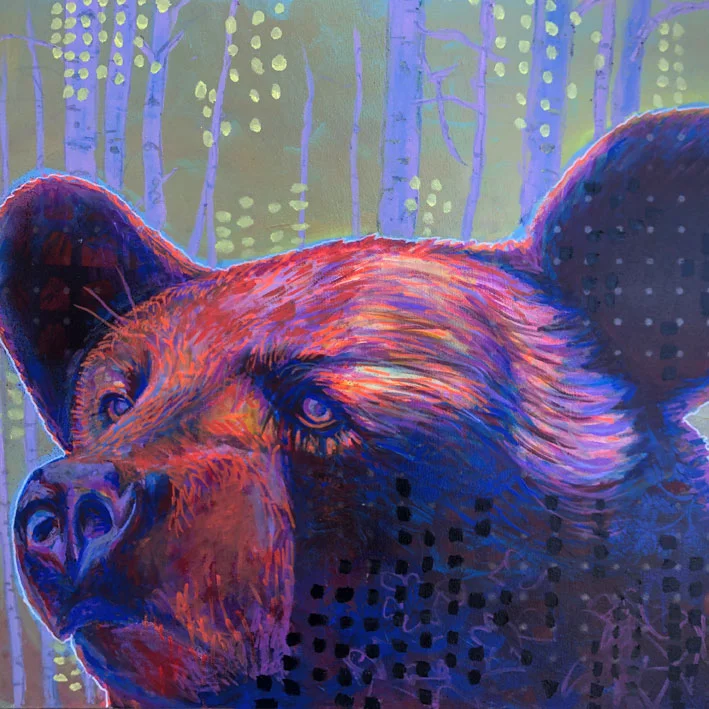 Brown Bear & Aspens / 2019 / 24"h x 24"w / acrylic, aerosol, ink & oil paint on canvas
