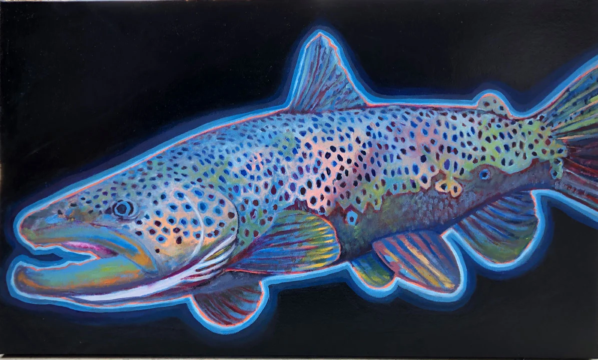 Blue Glow Brown Trout / 2018 / 24”h x 40”w / acrylic, ink & oil paint on canvas