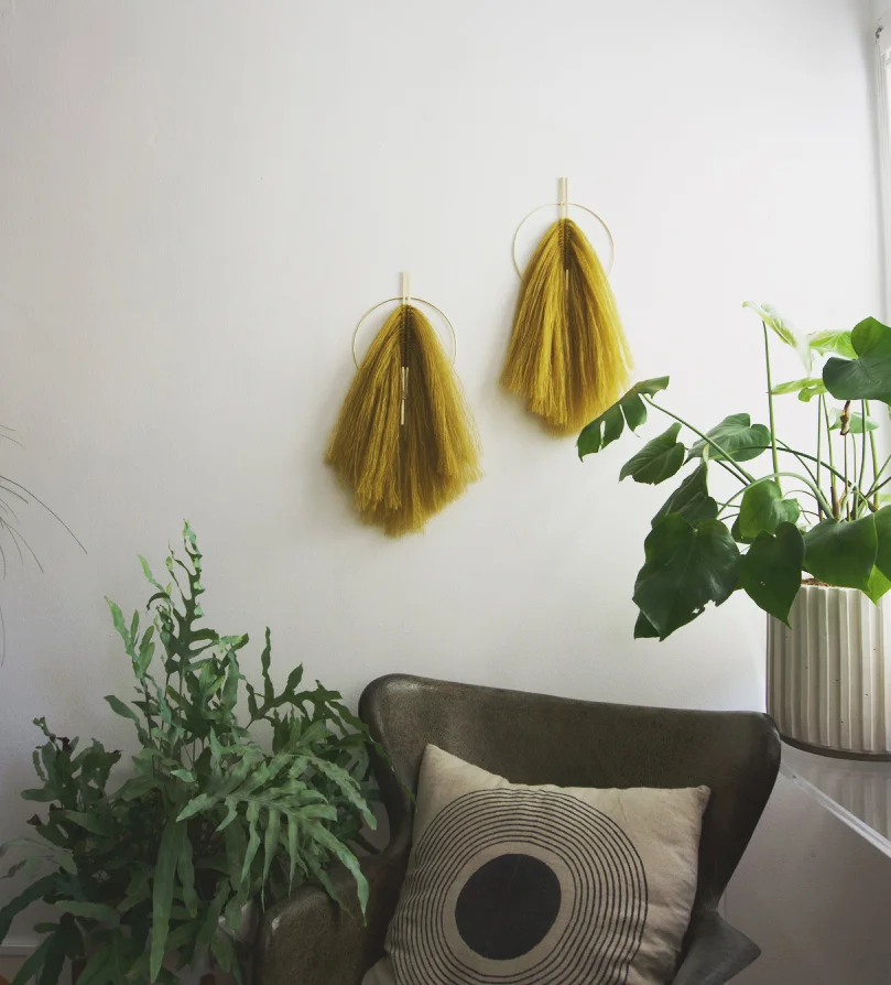 Attalie Dexter Home + Accessories - Mohair Vertical Fringed Wall Hanging Modern Minimal Brass Wall Art Modern Minimal Brass Wall Art