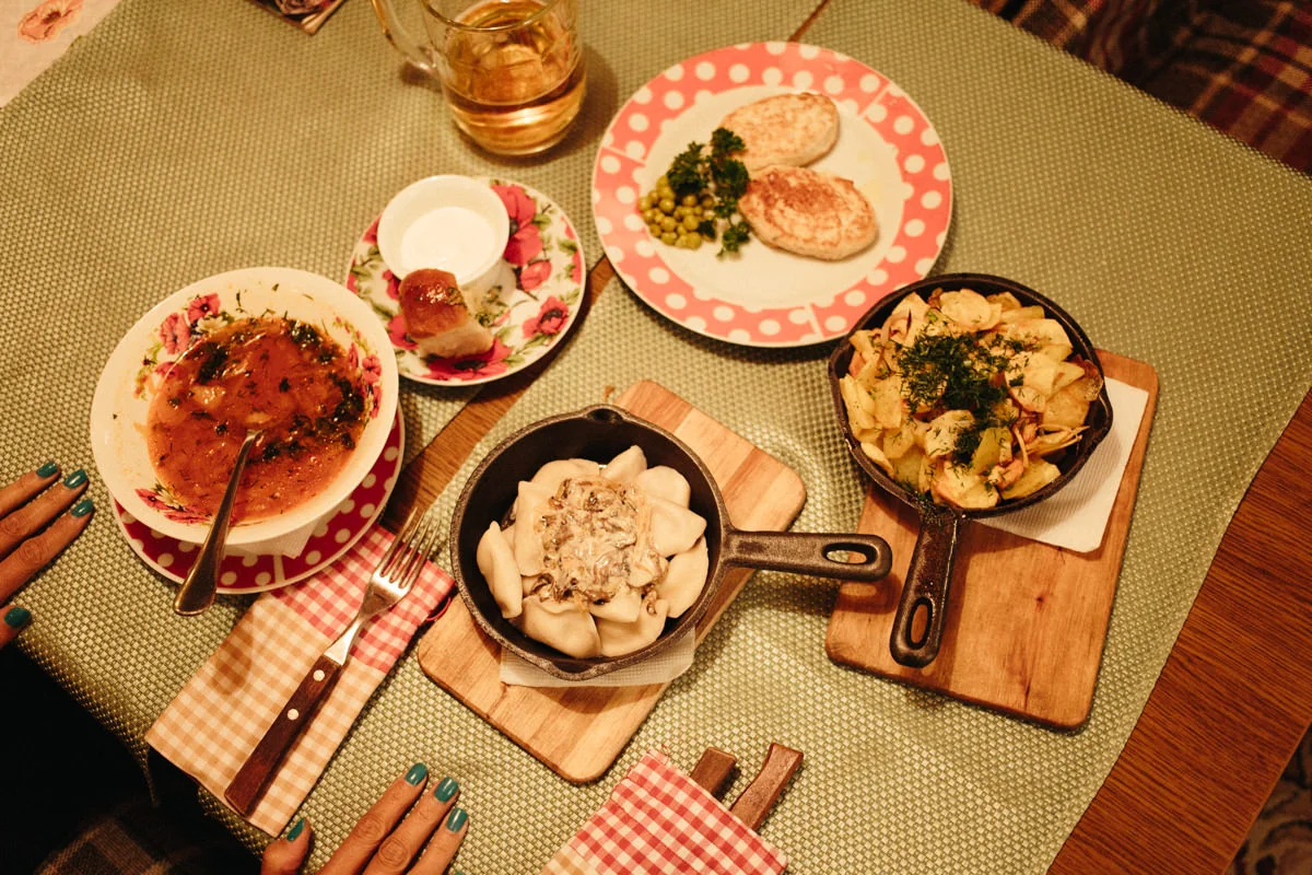 Our favorite restaurant that we found in Kiev and ate at twice: Вареничная Катюша, a cute (and very very cheap) 1970s themed diner, this entire meal cost about $9 US (desserts not pictured).