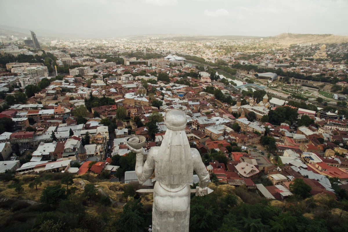 The Mother Georgia statue sits on the hillside overlooking Tbilisi.
