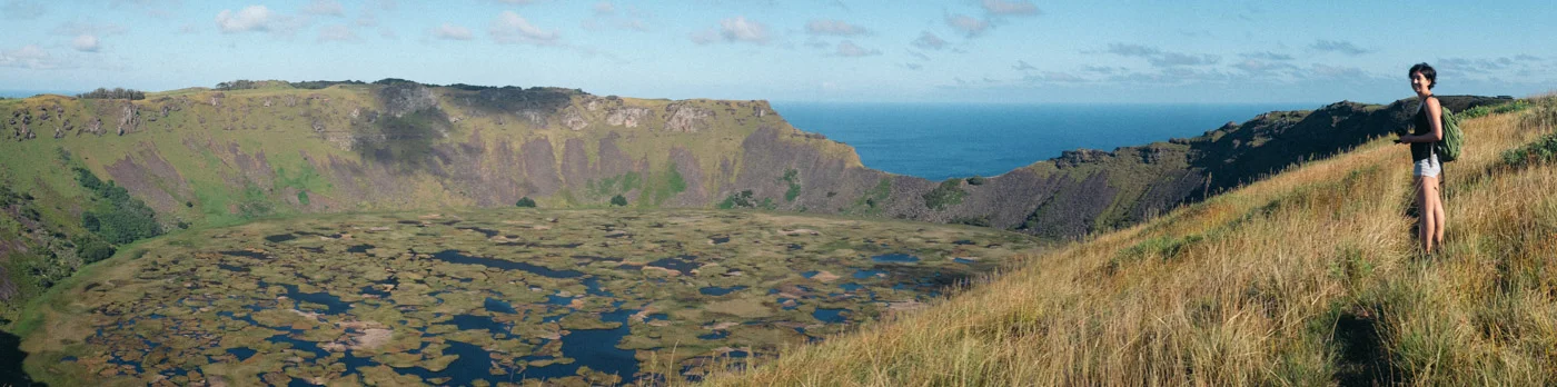 My travel companion Jenny at Rano Kau volcano lake.