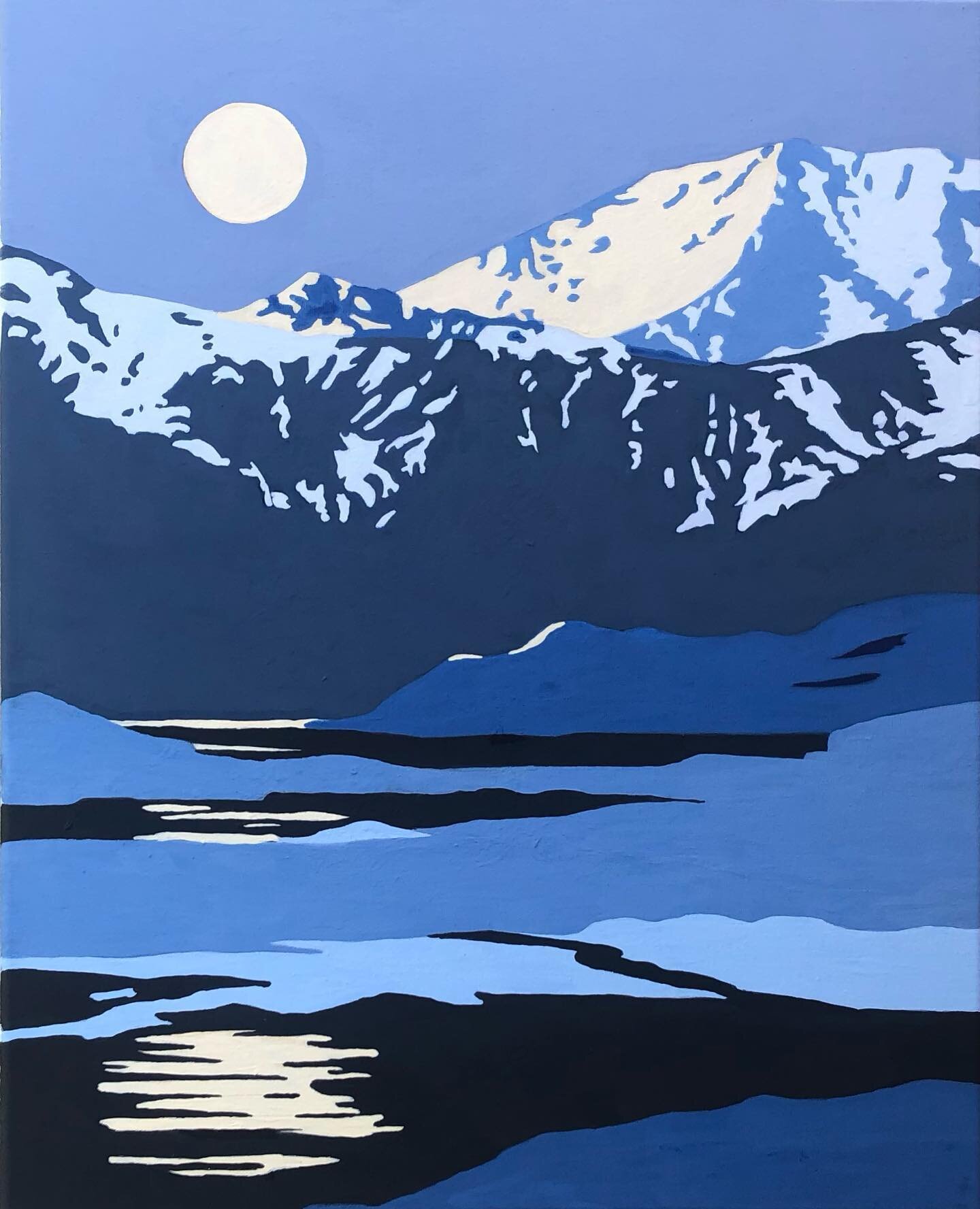 I can&rsquo;t seem to paint full moons enough! Look up tonight wherever you are! #fullmoon #alaskanartist #mountainart #natureloversgallery #hightidearts #paintwhatyoulove #oneplanet #lklaar #gravitationalpull