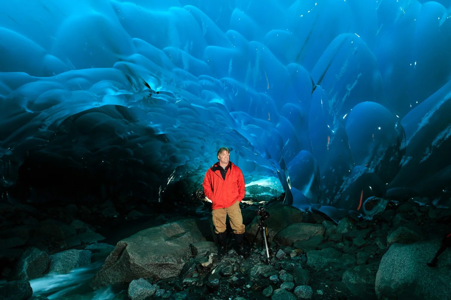Once in the glacier, my sidekick, kayak supplier, and fellow photographer Matt Brown helped me set up the lights.