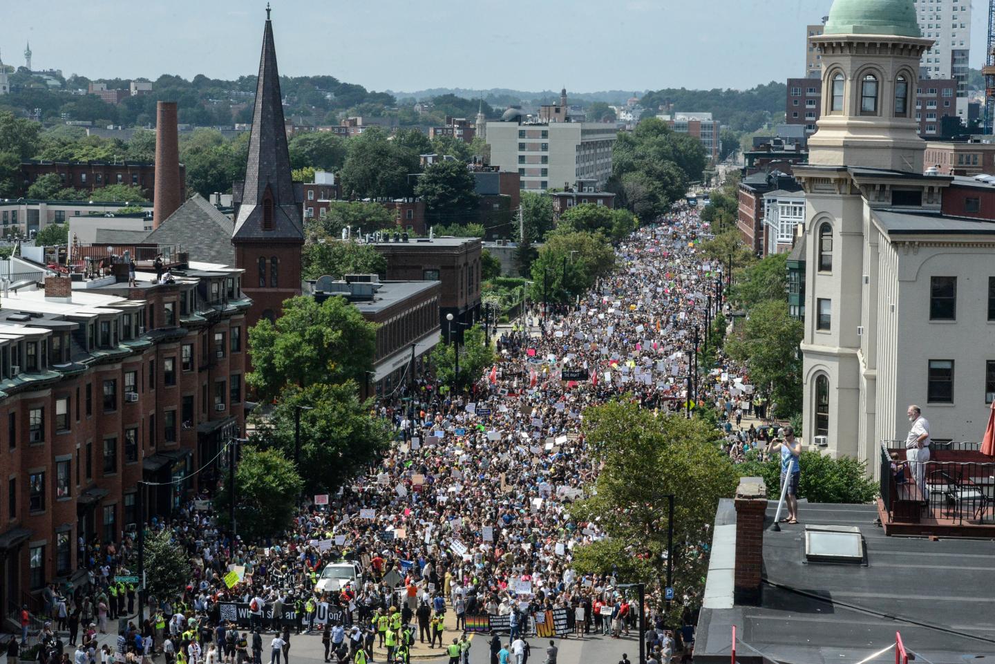 Photo of thousands of anti-white supremacist protesters marching in Boston; Stephanie Keith via Twitter/Newsweek