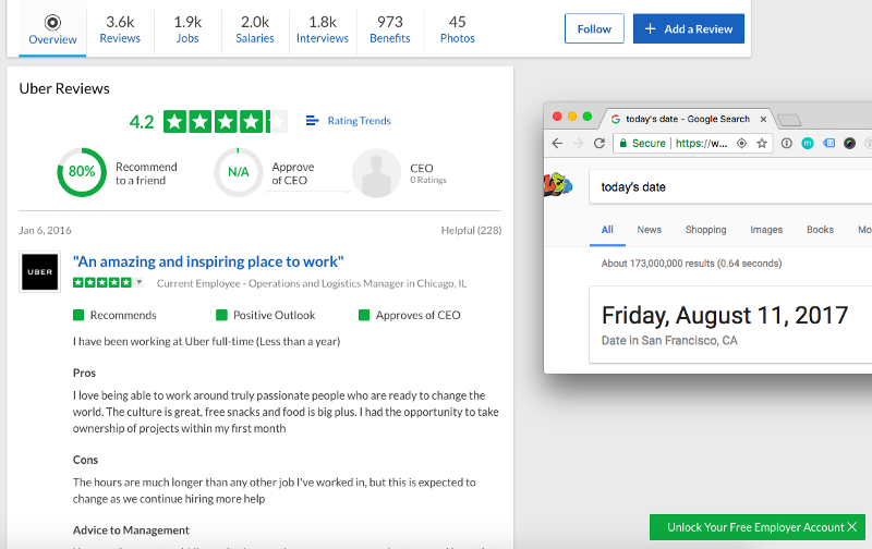 Uber’s Glassdoor rating on Aug. 11, 2017