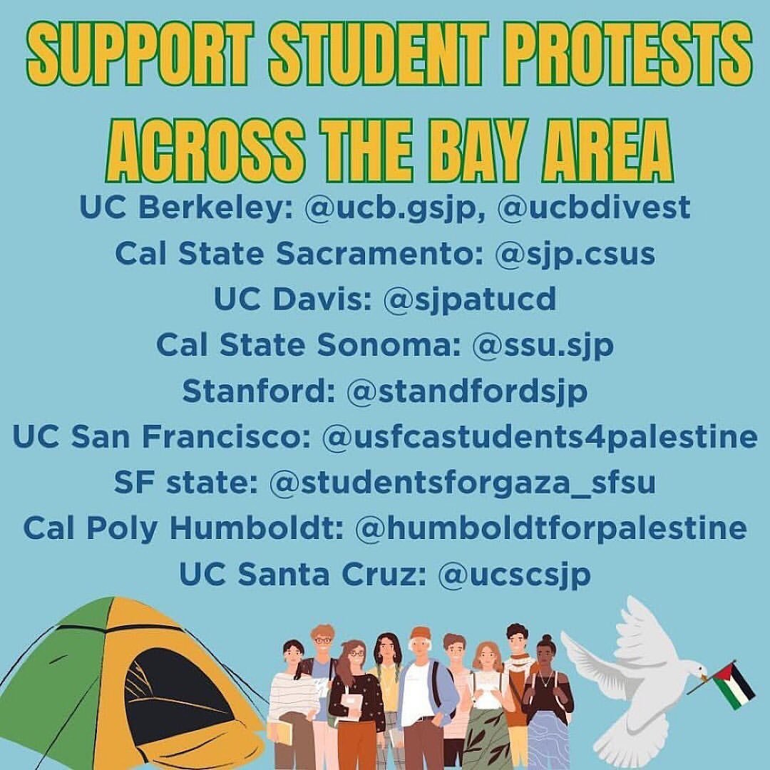 Posted @withregram &bull; @antirepression_bayarea RP @bayresistance 
UPDATED* List of college encampments are expanding by the day! Swipe to the second slide to find the bit.ly links on how to support with meals and supplies🌍 Venmo contributions to 