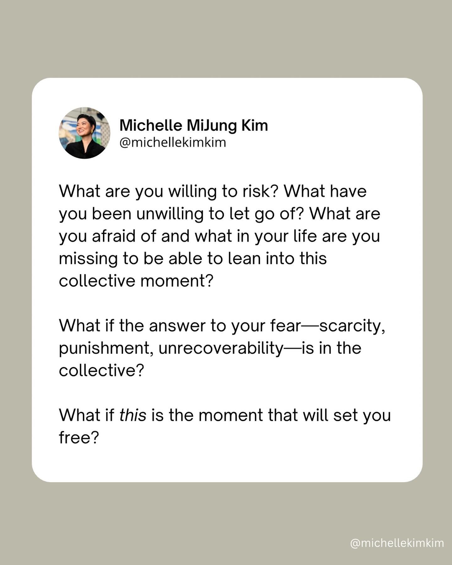 A daily conversation I have with myself to transform fear into possibilities.

&mdash;&mdash;&mdash;

What are you willing to risk? What have you been unwilling to let go of? What are you afraid of and what in your life are you missing to be able to 