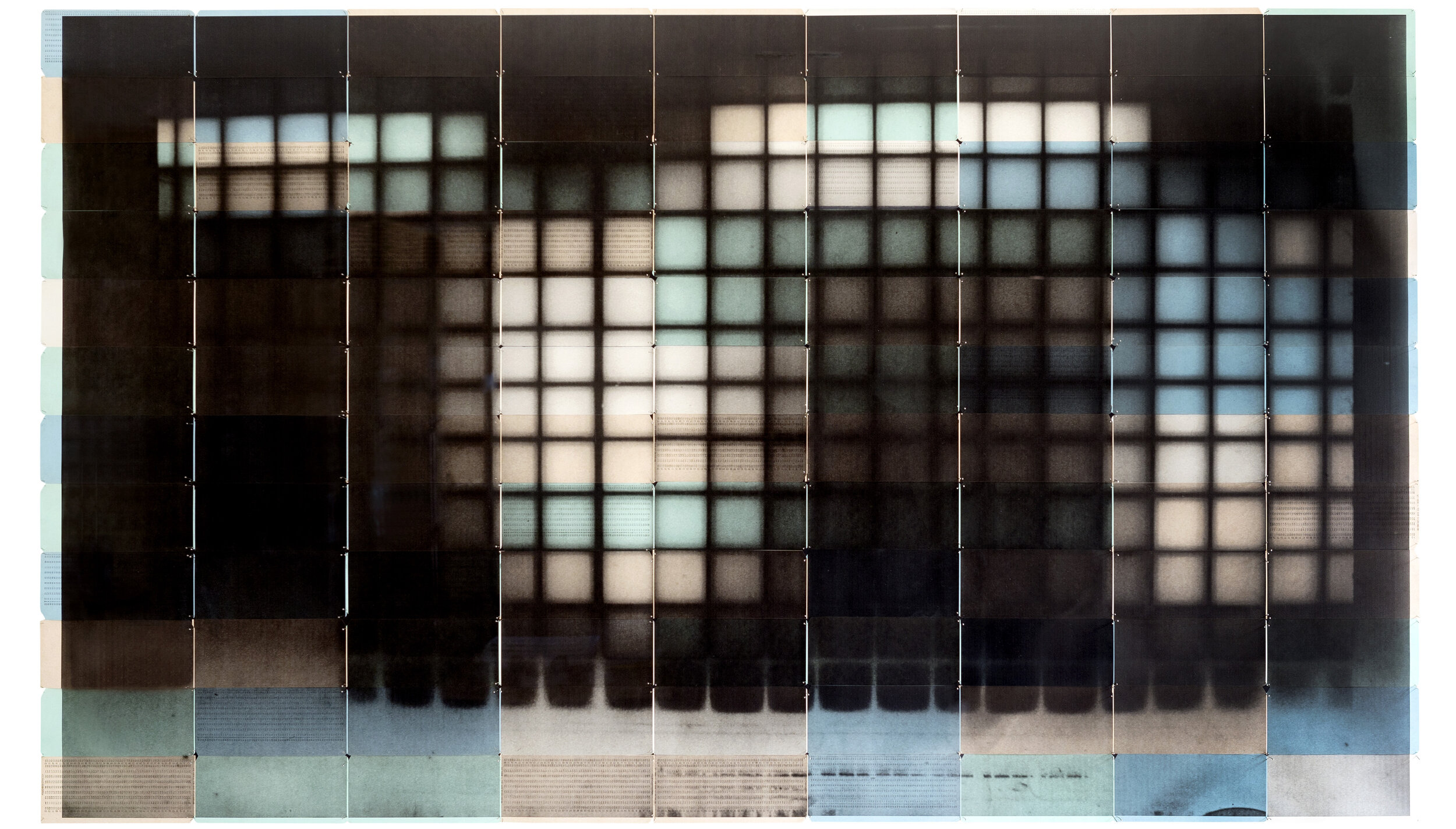 OSC56, 2016 Inkjet on 108 cream, green and blue computer punch cards Negative date 2015 96 x 168.3 cm.jpg