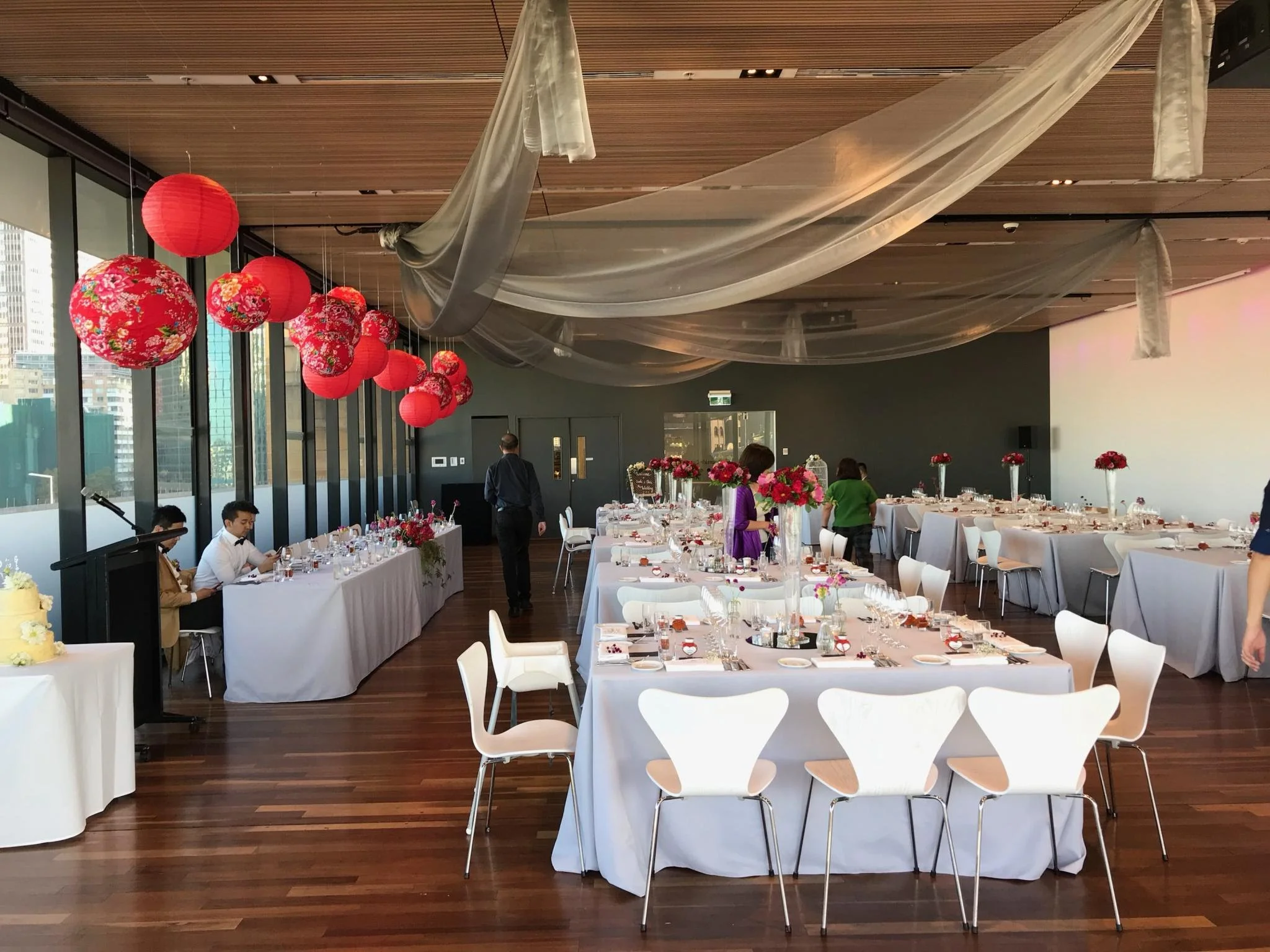 270 x 330 grey caress linen tablecloth available for hire in sydney - floor touching on mca tables 