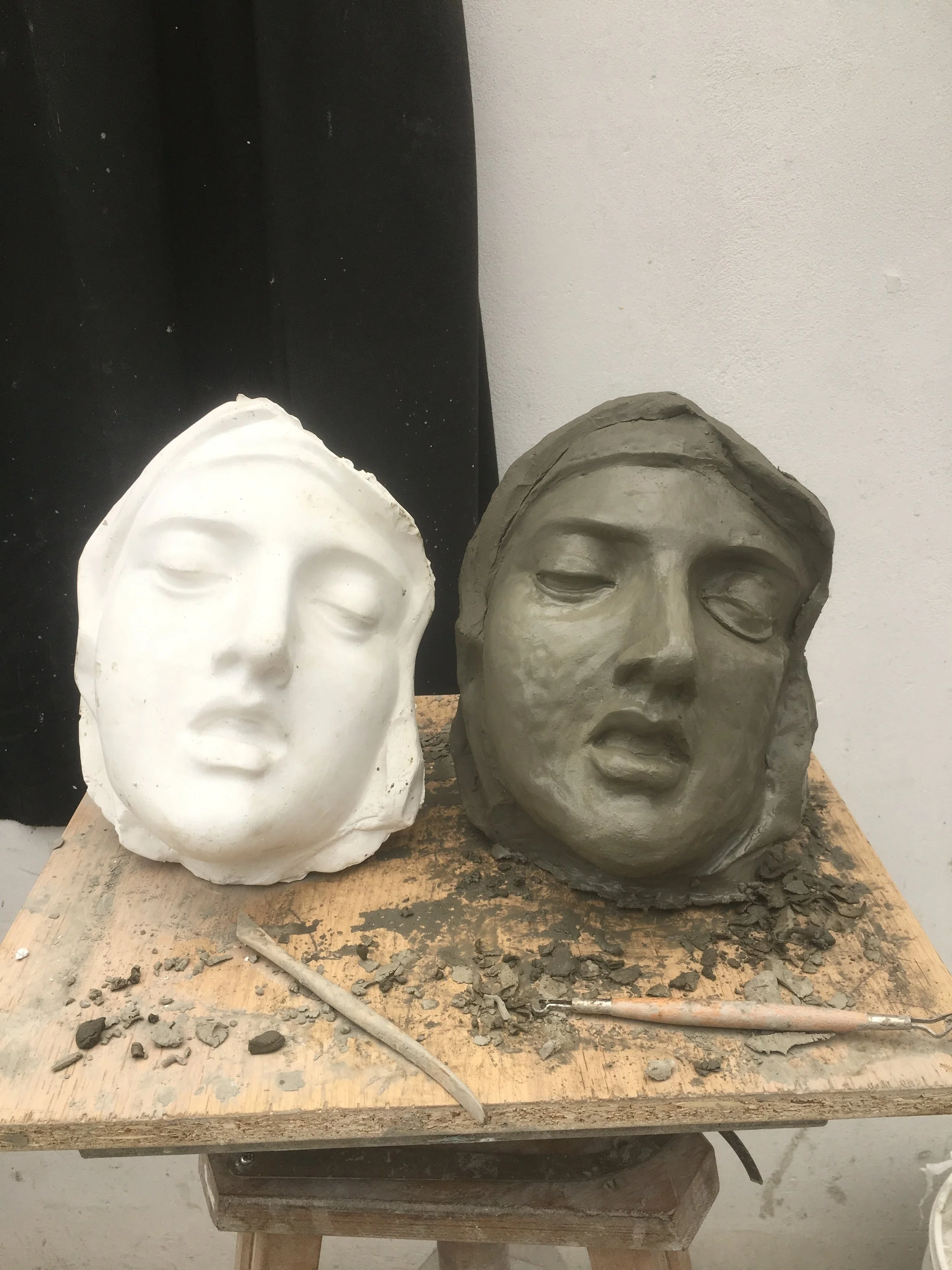 Here I am working on the right eye. It becomes apparent that the sculpture has tilted to the right, I will have to undue changes I made earlier to fix it.