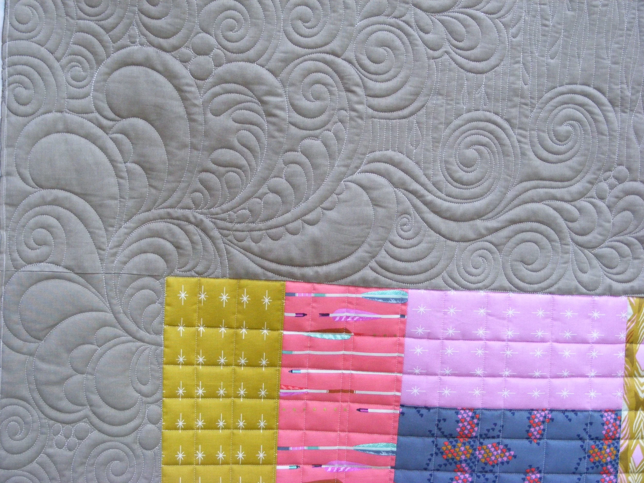 Quilt with intricate stitching pattern and colorful fabric squares