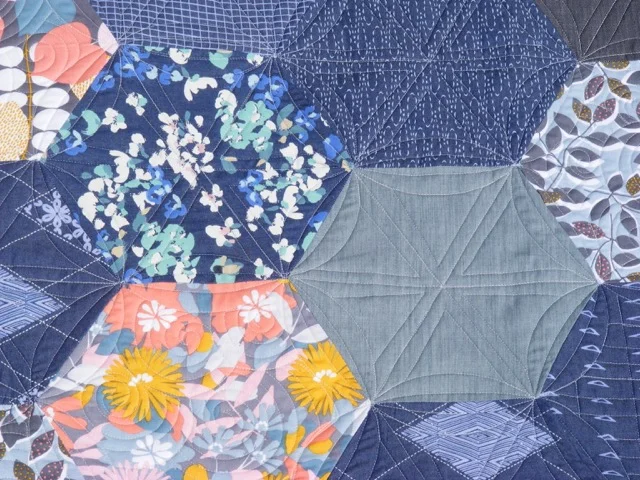 Colorful quilt with blue and floral geometric patterns