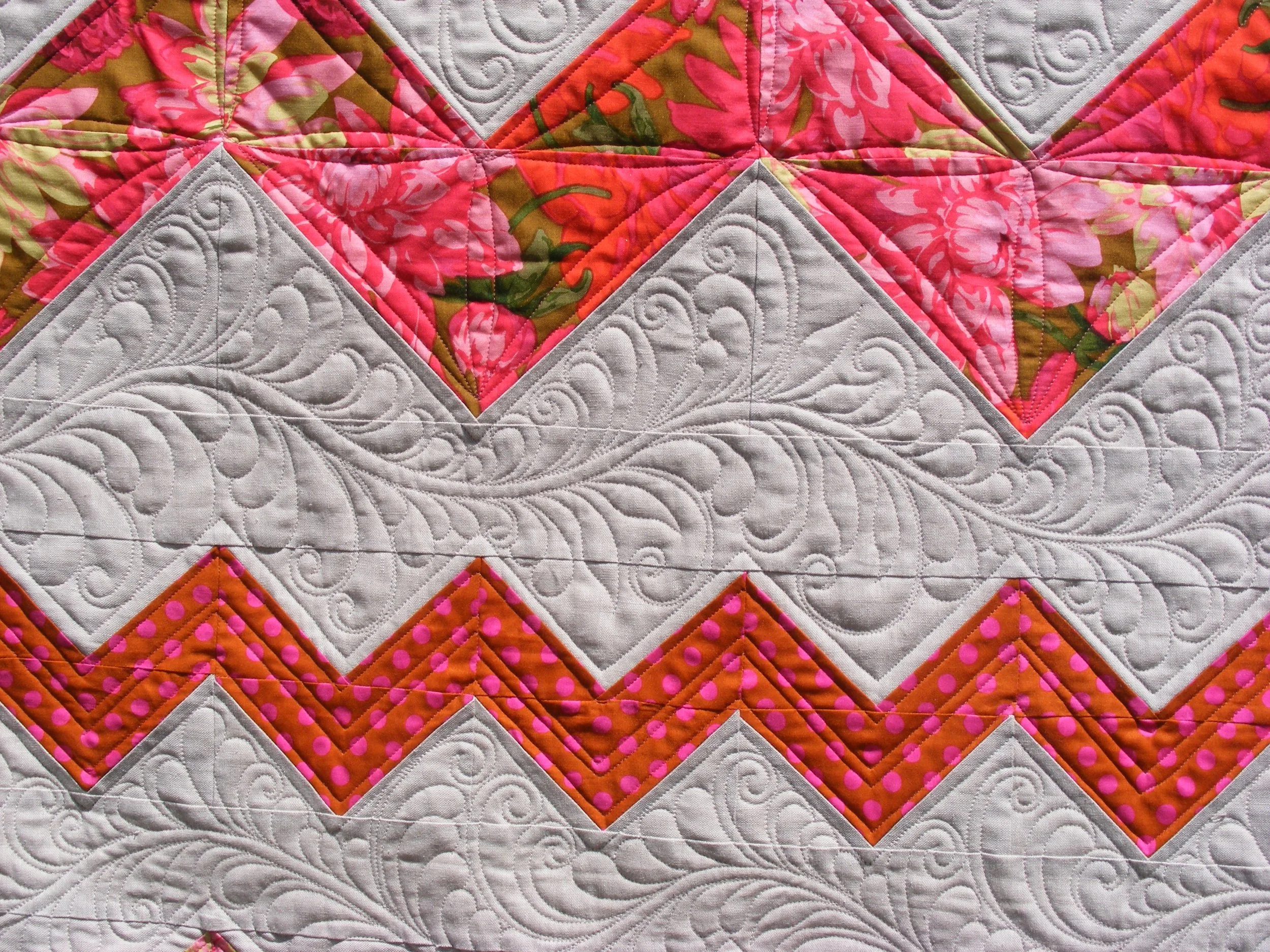 Colorful patchwork quilt with floral and geometric patterns