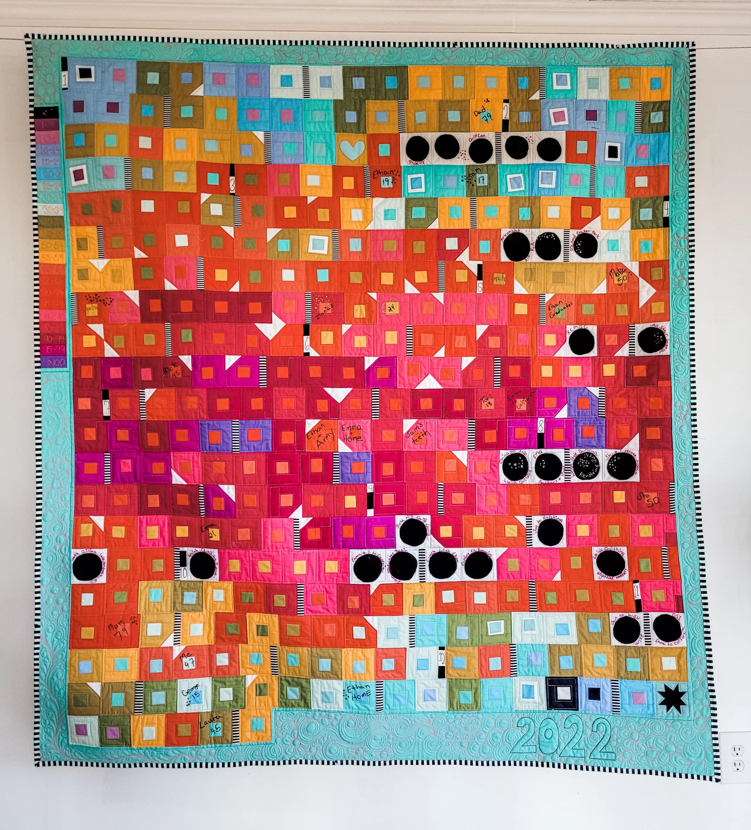 2022 Temperature quilt made by Tia Curtis. This is probably y very favorite quilt ever. I love how it became a journal as I embroidered special days into the quilt blocks. I custom quilted it on my longarm. 