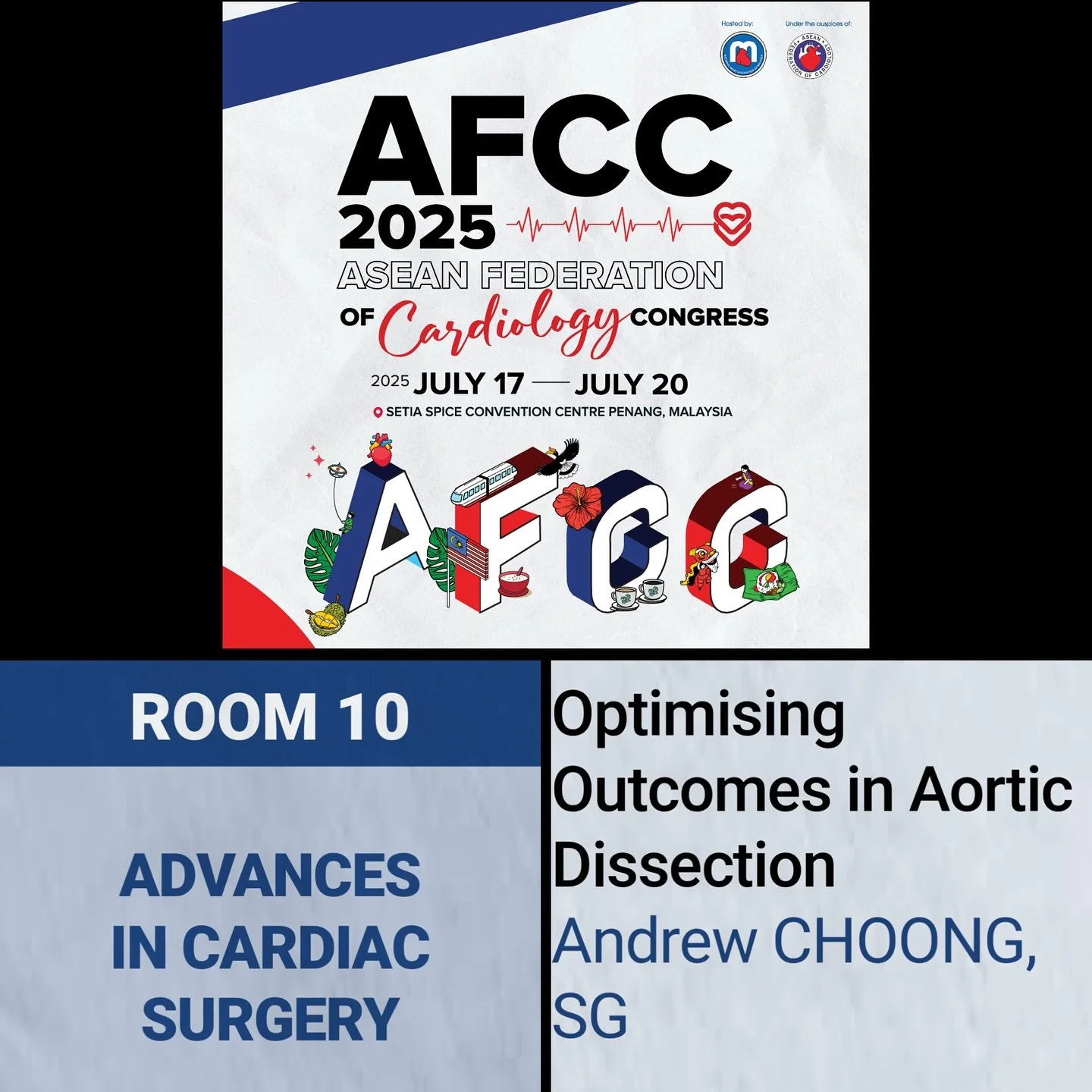 Excited to speak at #AFCC2025 in Penang this week 🇲🇾
My topic: Optimising Outcomes in Aortic Dissection &mdash; from early diagnosis to definitive repair.
Catch me in Room 10 &ndash; Advances in Cardiac Surgery.
#AortaEd #Aortic #Dissection #Vascul