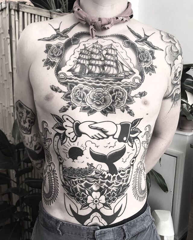 One of our favourites! Nautical chest and stomach for lovely Luke ⚓️🖤 tattoos by @bendaviestattooer