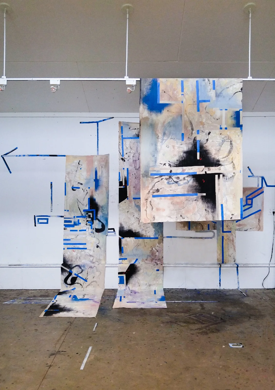 Blueprint for Counter Operations: Mapping the Studio, 2016 drop cloth canvas, blue painter's tape, latex paint, gouache 